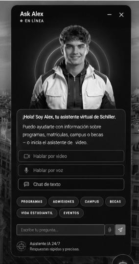 Ventana de chat Ask Alex con opciones de video, voz y texto