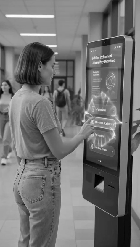 Estudiante usando un kiosko interactivo con asistente virtual de Schiller International University
